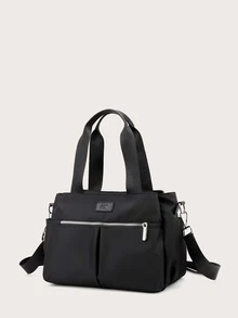 Zip Front Nylon Tote Bag - Black - View 2