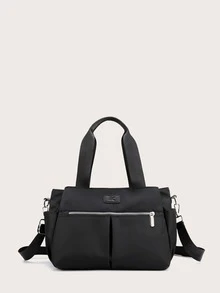 Zip Front Nylon Tote Bag - Black - View 3