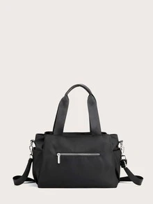 Zip Front Nylon Tote Bag - Black - View 5