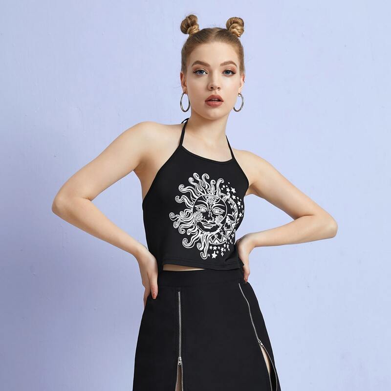 

Sun & Moon Graphic Halter Top, Black