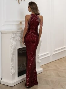 Halter Neck Sequin Mermaid Prom Dress Elegant Formal Evening Wedding Guest Gown, For Graduation, Dinner Party Dress - 紫紅色 - 查看 2