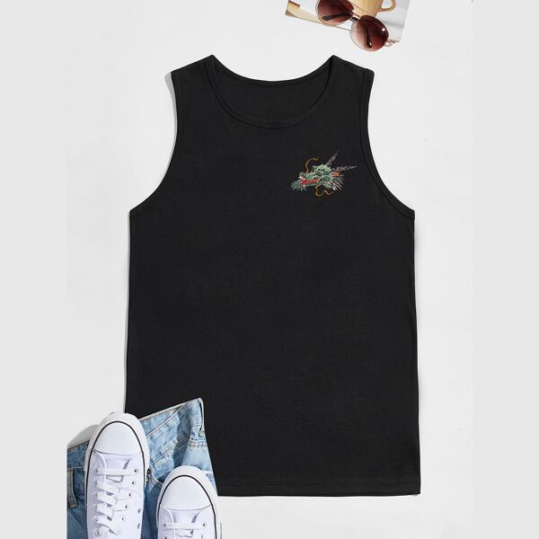 

Men Chinese Dragon Print Tank Top, Black