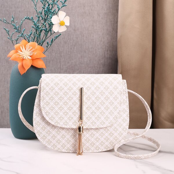 

Metal Tassel Charm Saddle Bag, White