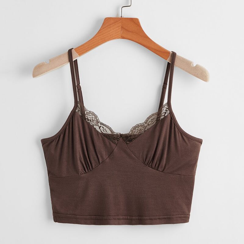 

Contrast Lace Crop Cami, Chocolate brown