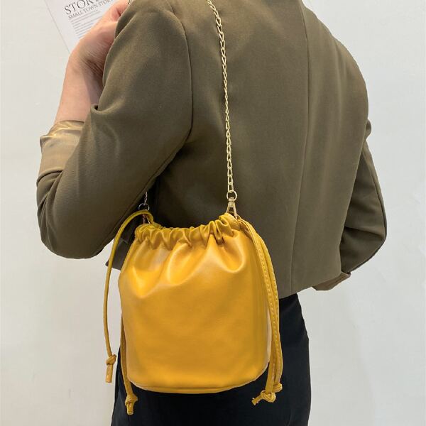 

Minimalist Drawstring Chain Bucket Bag, Yellow