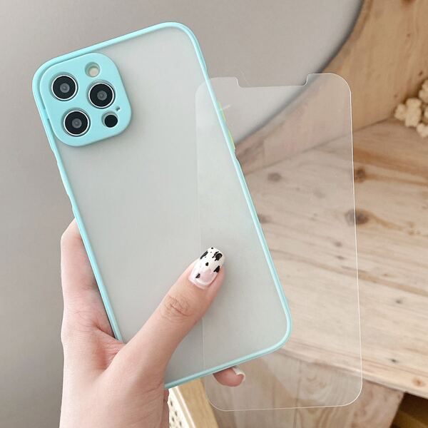 

1pc Contrast Frame Phone Case & 1pc Screen Tempered Film, Baby blue