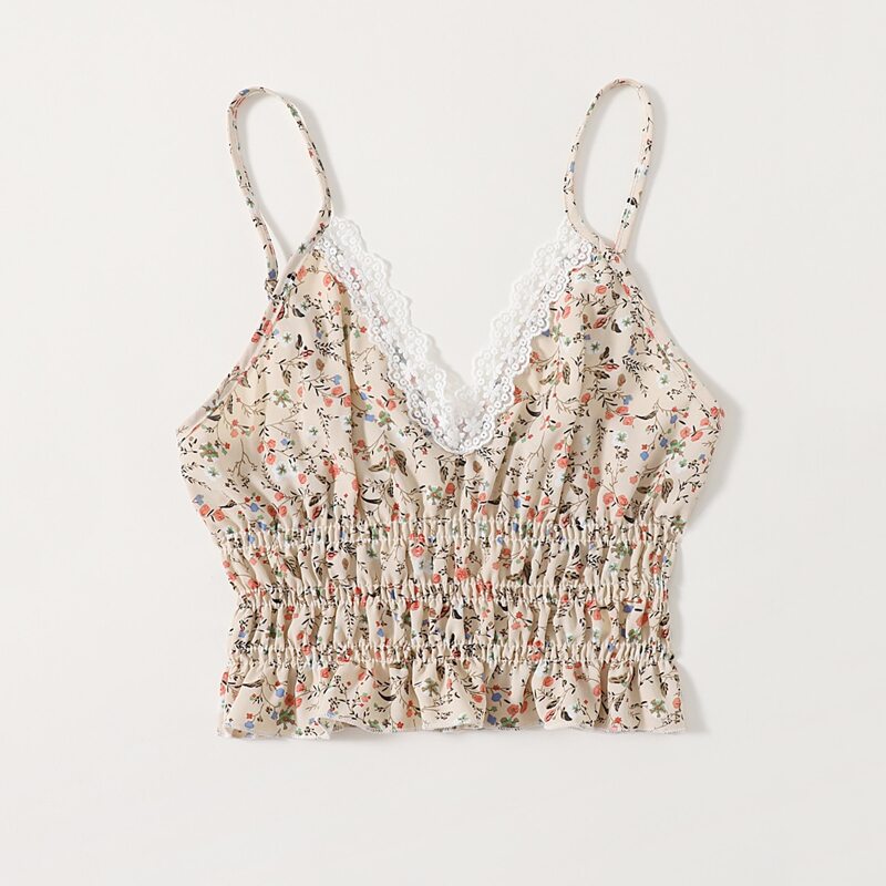 

Contrast Lace Ditsy Floral Shirred Crop Cami, Multicolor