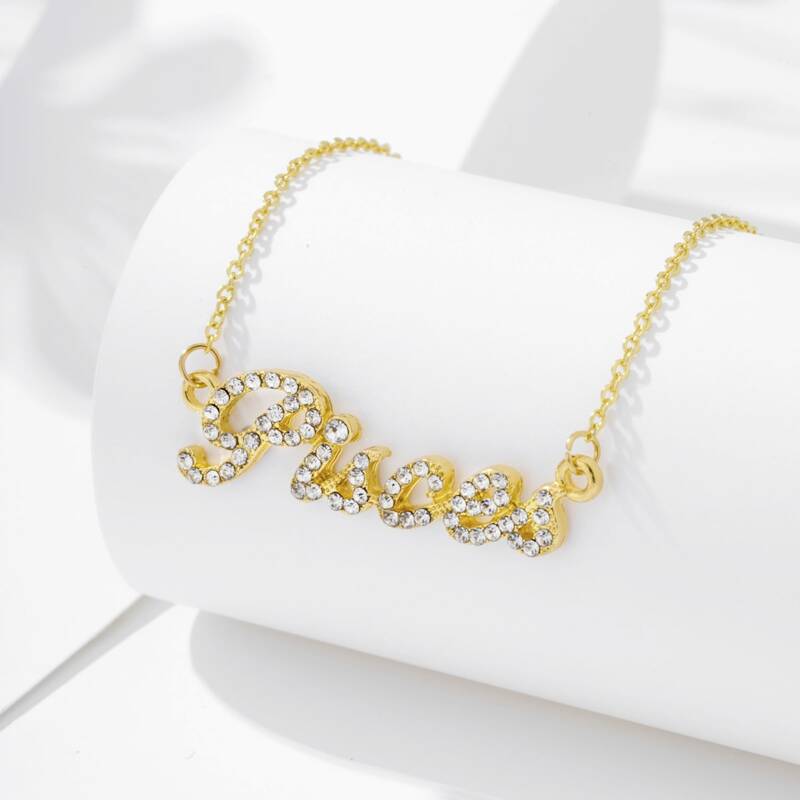 

Letter & Rhinestone Pendant Necklace, Gold