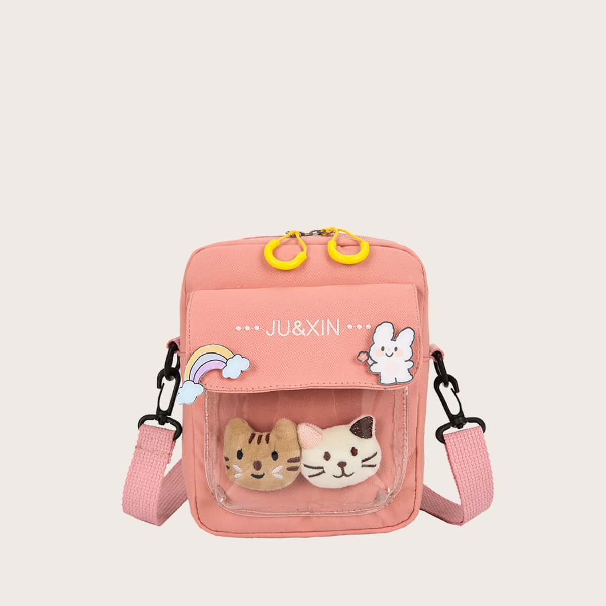 

Cartoon Clear Pocket Crossbody Bag, Coral pink