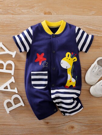 Yierying Baby Boy Button Front Patch Pocket Cartoon & Striped Graphic Romper