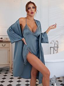 Camisón De Satén Con Encaje Y Lazo Dividido Con Bata Con Cinturón - Neblina azul - Ver 1