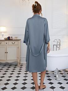 Camisón De Satén Con Encaje Y Lazo Dividido Con Bata Con Cinturón - Neblina azul - Ver 2