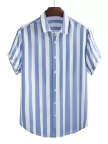 Manfinity Homme Áo sơ mi Nam Nút phía trước Sọc Giải trí - Xanh và trắng - Xem 1