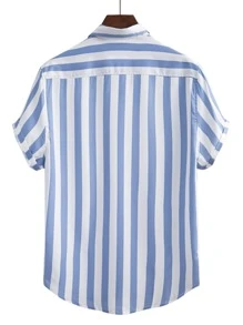 Manfinity Homme Áo sơ mi Nam Nút phía trước Sọc Giải trí - Xanh và trắng - Xem 2