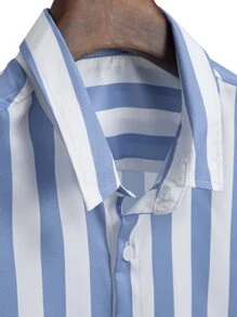 Manfinity Homme Áo sơ mi Nam Nút phía trước Sọc Giải trí - Xanh và trắng - Xem 3