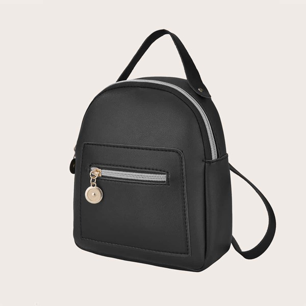 

Zipper Decor Curved Top Backpack, Black