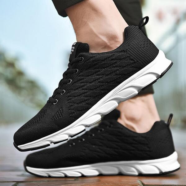 

Men Minimalist Textured Lace Up Front Sneakers, Black