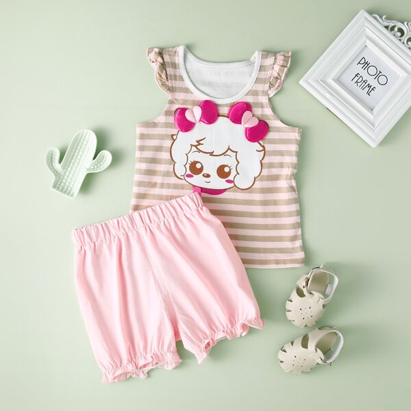 

Toddler Girls Patch Detail Cartoon & Striped Top and Shorts Set, Multicolor