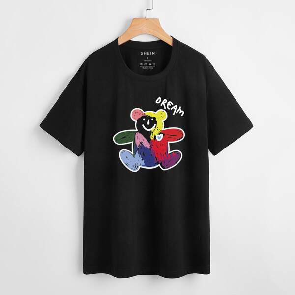 

Cartoon And Letter Graphic Tee, Black