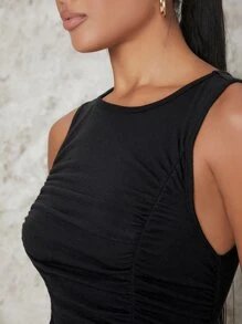 SHEIN BAE Ruched Solid Tank Bodysuit - Black - View 4
