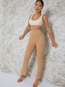 SHEIN Privé Pantalones de pierna recta de cintura alta unicolores - Camel - Ver 3