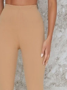 SHEIN Privé Pantalones de pierna recta de cintura alta unicolores - Camel - Ver 4