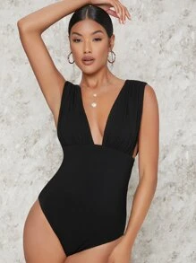 SHEIN Ruched Plunge Neck Drop Armhole Bodysuit - Black - View 1