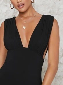 SHEIN Ruched Plunge Neck Drop Armhole Bodysuit - Black - View 4