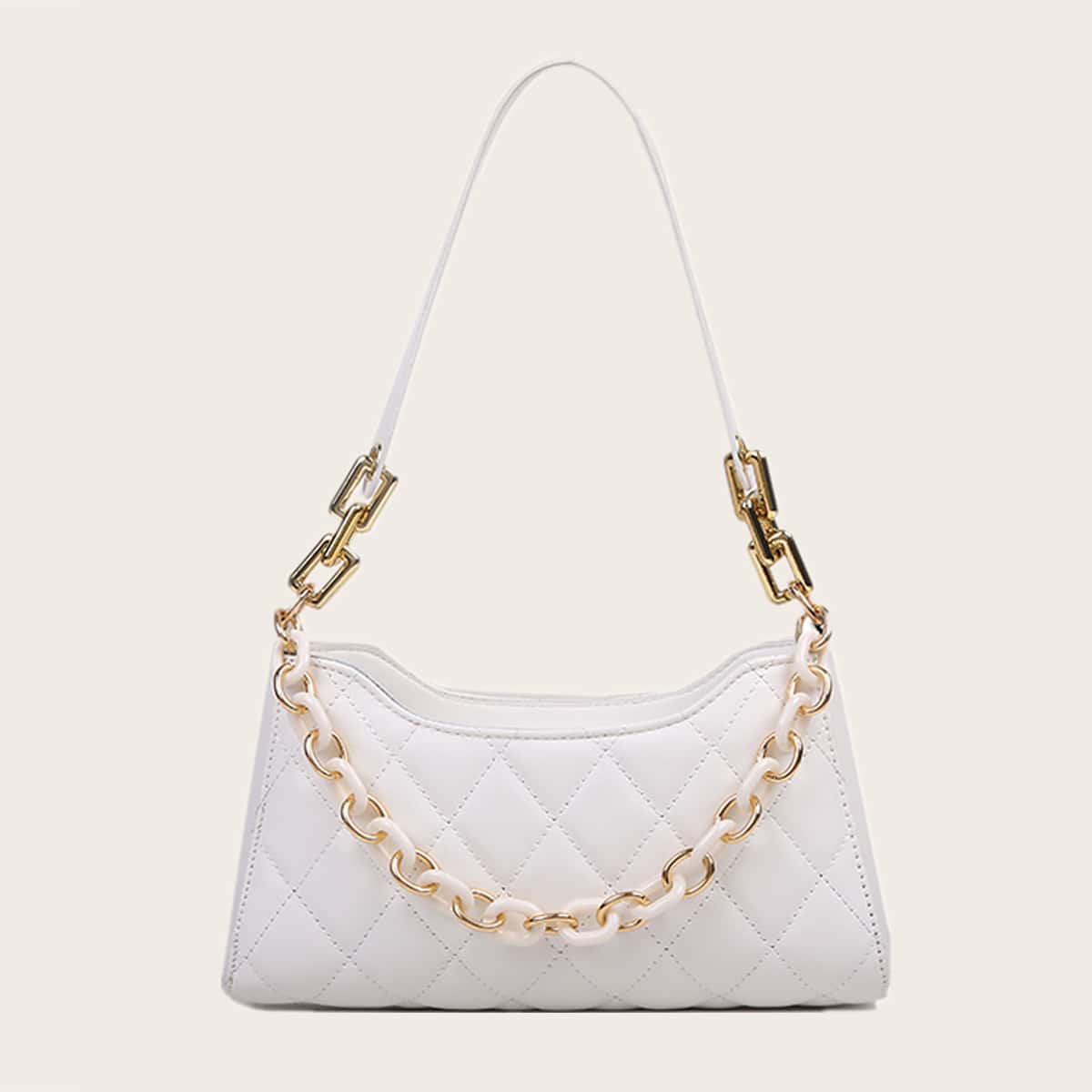 

Quilted Chain Baguette Bag, White