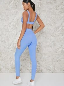 SHEIN BAE Conjunto top tank de espalda abierta con leggings de cintura alta - Azul - Ver 2