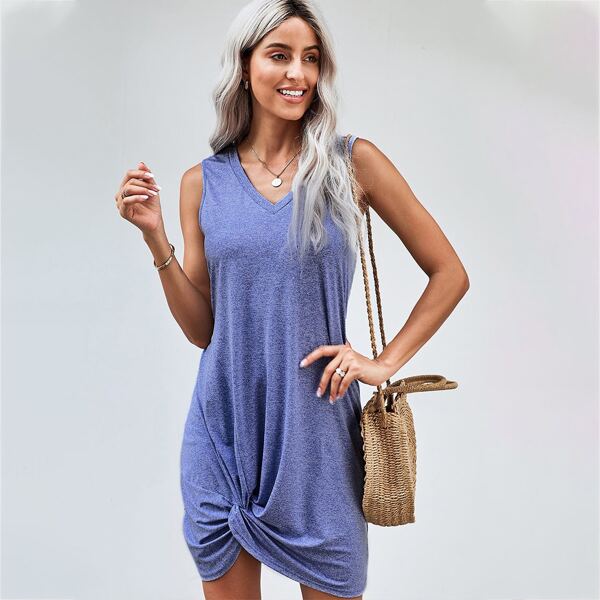 

Solid Twist Front Tank Dress, Dusty blue