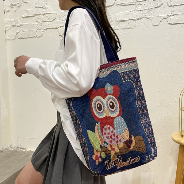 

Cartoon Owl Pattern Tote Bag, Blue