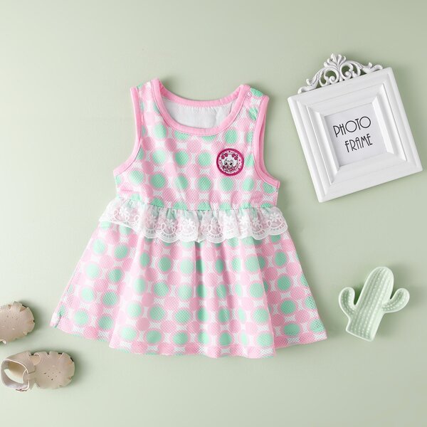 

Toddler Girls Cartoon Patched Embroidered Mesh Trim Dress, Multicolor