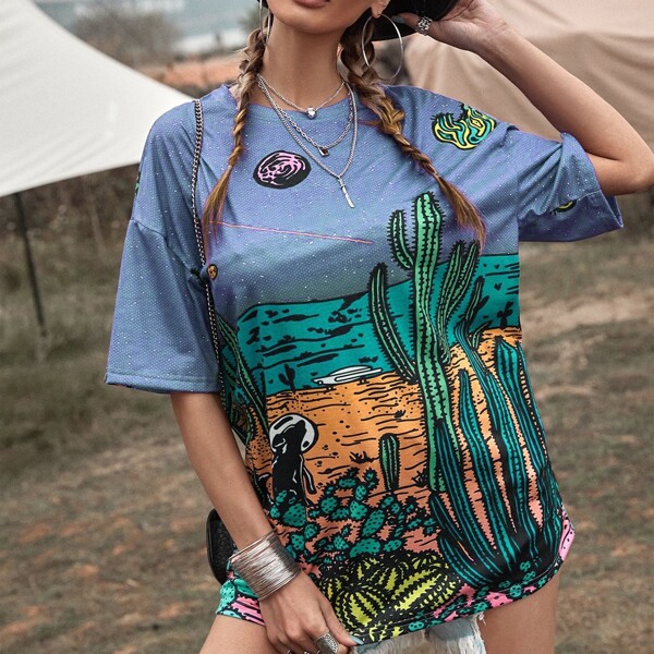 

Plants Print Drop Shoulder Tee, Multicolor