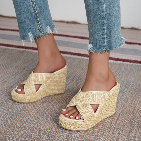 

Minimalist Cross Strap Wedge Sandals, Apricot
