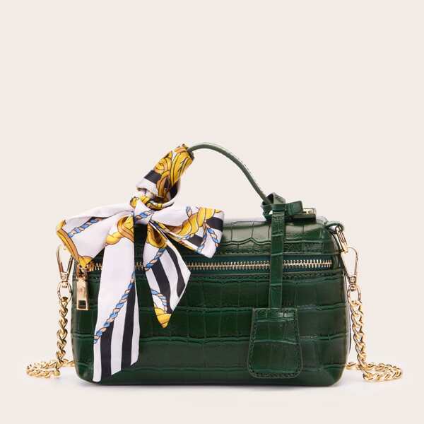 

Twilly Scarf Decor Chain Satchel Bag, Dark green