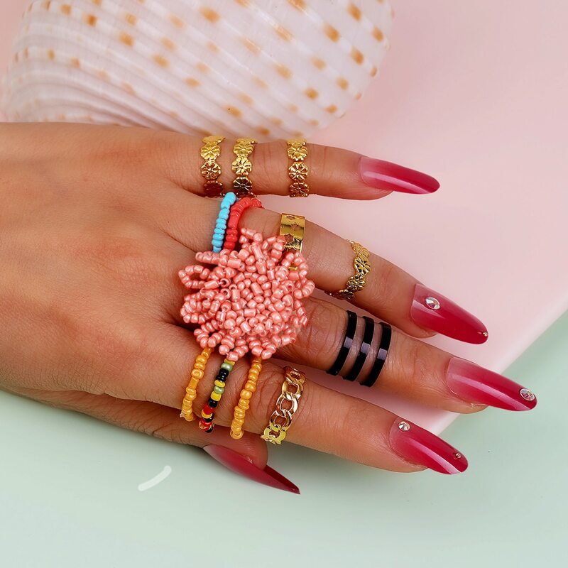 

13pcs Flower Beaded Ring, Multicolor