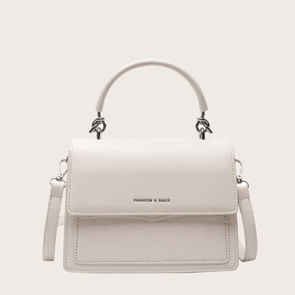 

Croc Embossed Top Handle Satchel Bag, Beige