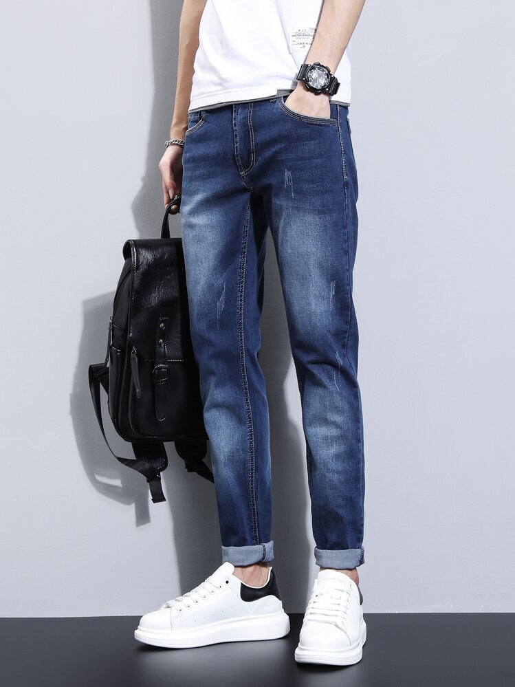 Manfinity Homme Nam Quần jean Bông Mèo Whisker Denim mùa giặt - Rửa tối - Xem 1