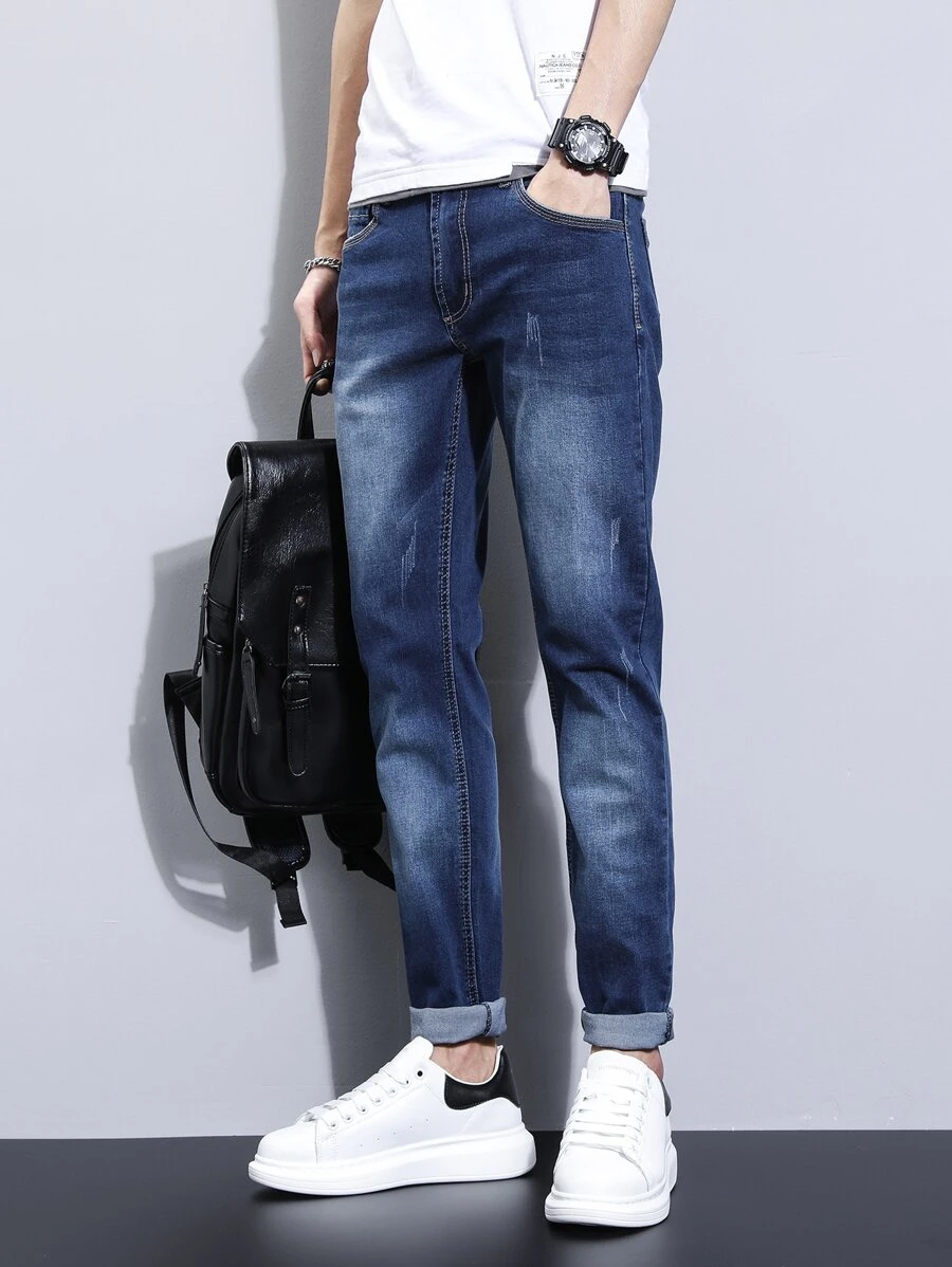 Manfinity Homme Nam Quần jean Bông Mèo Whisker Denim mùa giặt - Rửa tối - Xem 1