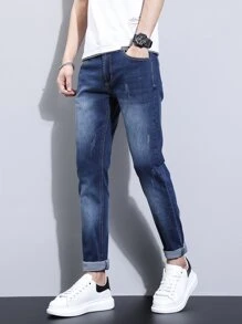 Manfinity Homme Nam Quần jean Bông Mèo Whisker Denim mùa giặt - Rửa tối - Xem 3