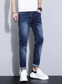 Manfinity Homme Nam Quần jean Bông Mèo Whisker Denim mùa giặt - Rửa tối - Xem 4