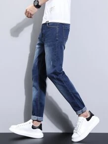 Manfinity Homme Nam Quần jean Bông Mèo Whisker Denim mùa giặt - Rửa tối - Xem 5