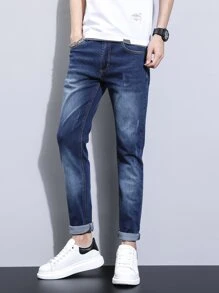 Manfinity Homme Nam Quần jean Bông Mèo Whisker Denim mùa giặt - Rửa tối - Xem 7