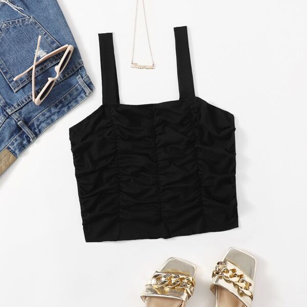 

Solid Ruched Cami Top, Black