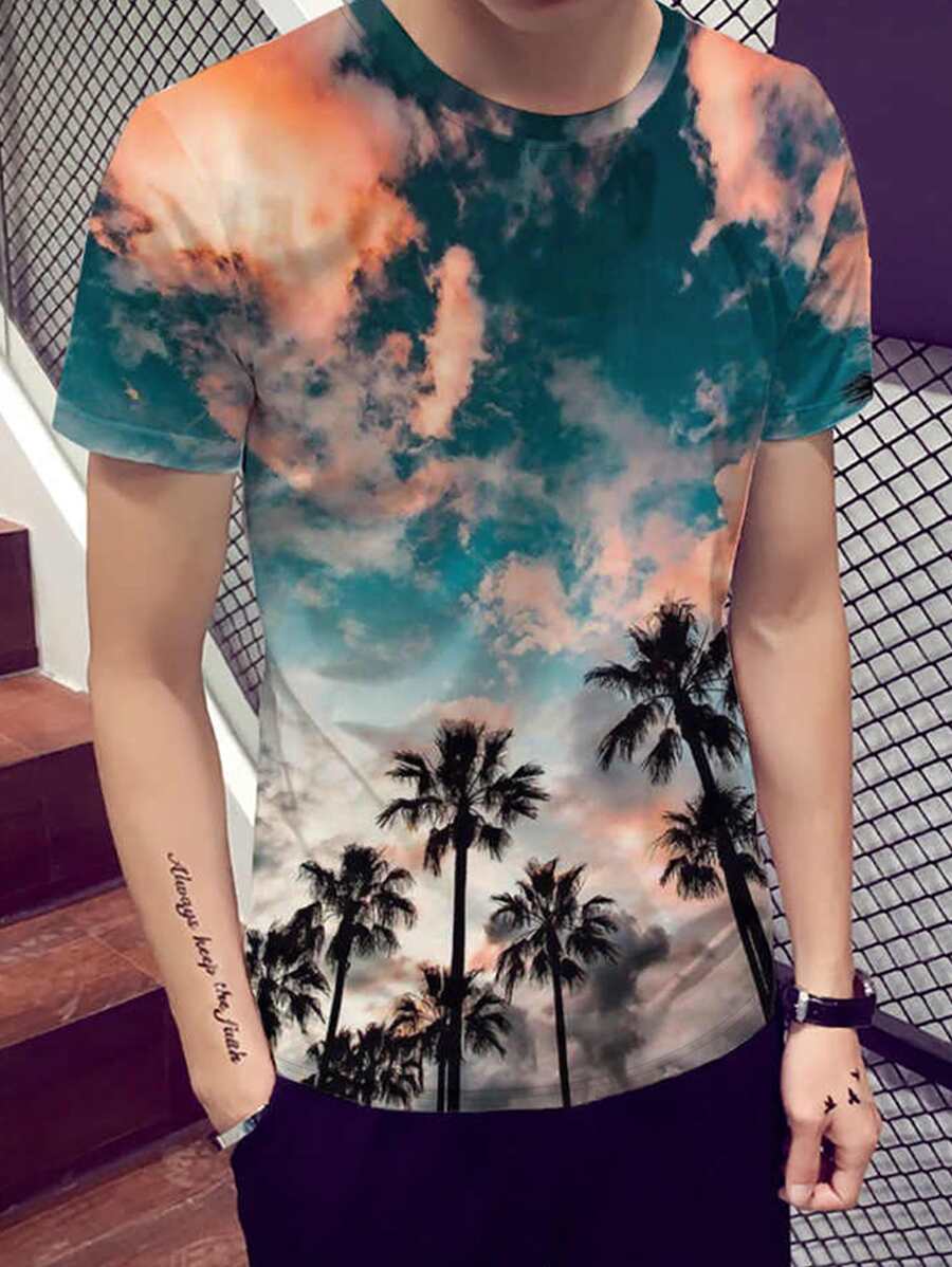 Manfinity Camiseta Tropical Para Hombres Con Cuello Redondo Y Estampado - Multicolor - Ver 1