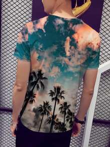 Manfinity Camiseta Tropical Para Hombres Con Cuello Redondo Y Estampado - Multicolor - Ver 2