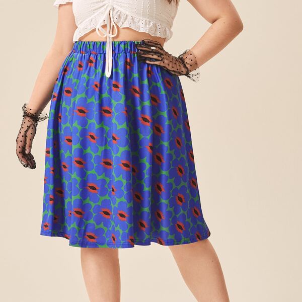 

Plus Allover Floral Print Skirt, Blue