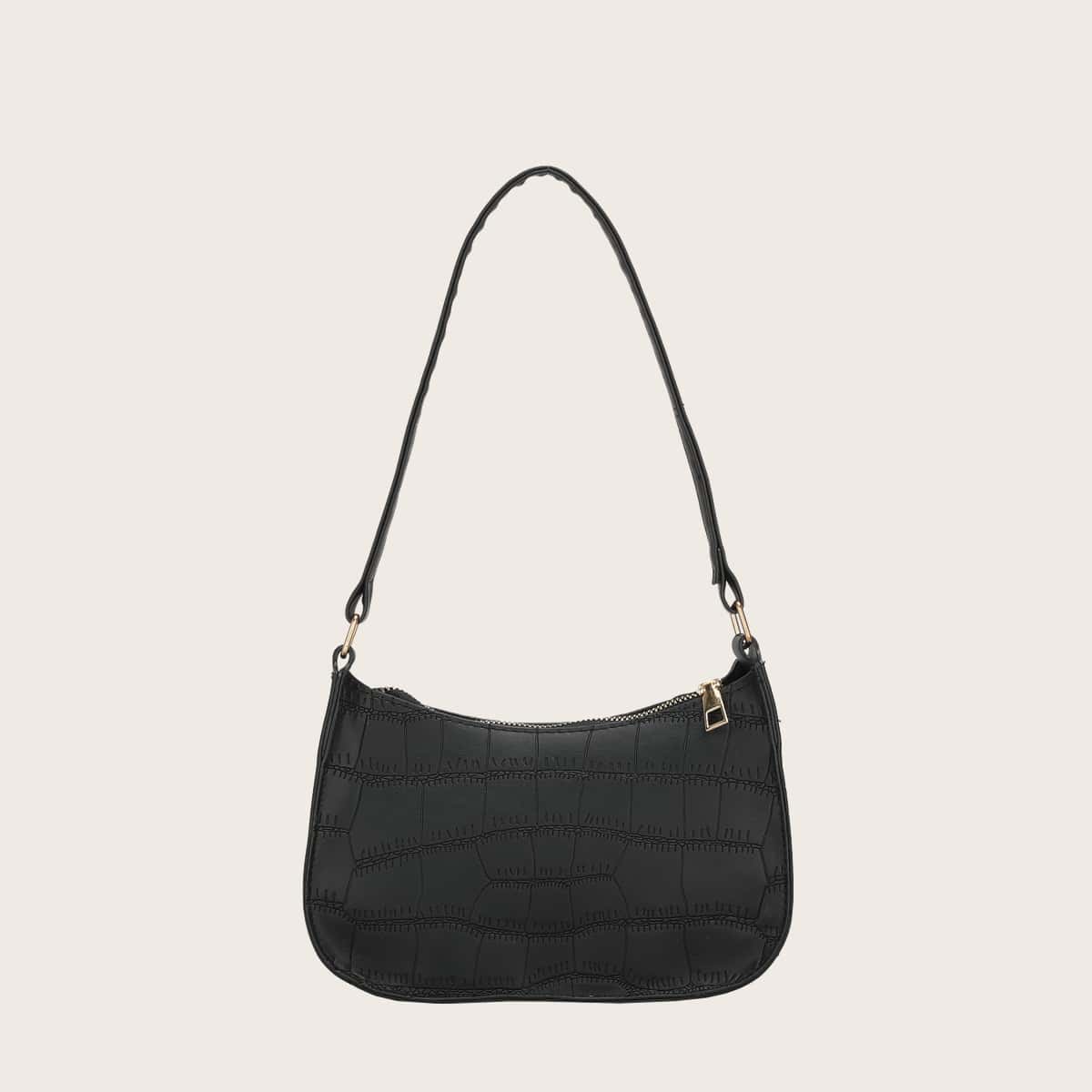 

Croc Embossed Baguette Bag, Black