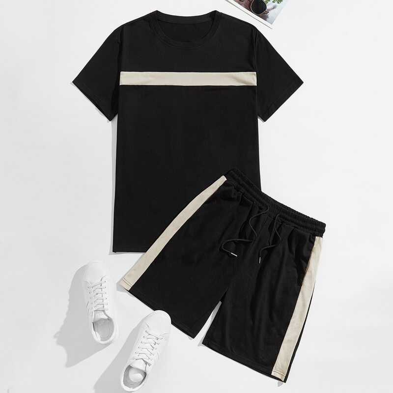 

Guys Contrast Panel Tee With Drawstring Track Shorts, Black